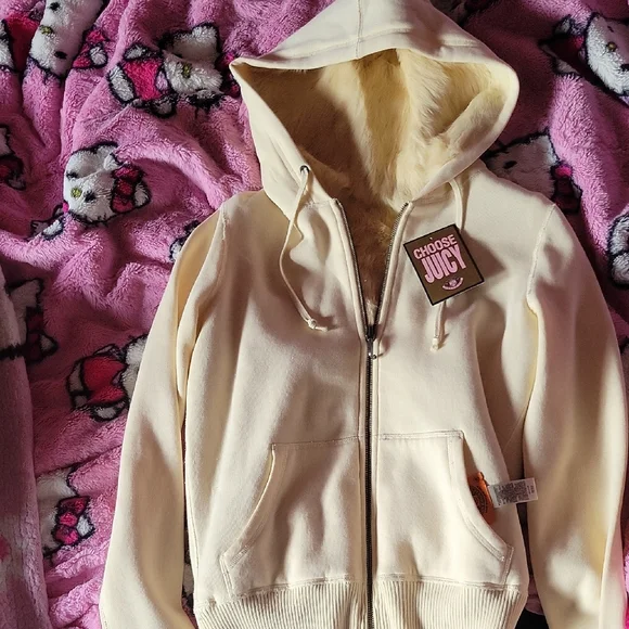 Juicy Couture Cream Zip-Up Hoodie with Real Rabbit Fur Lining - Picture 1 of 8
